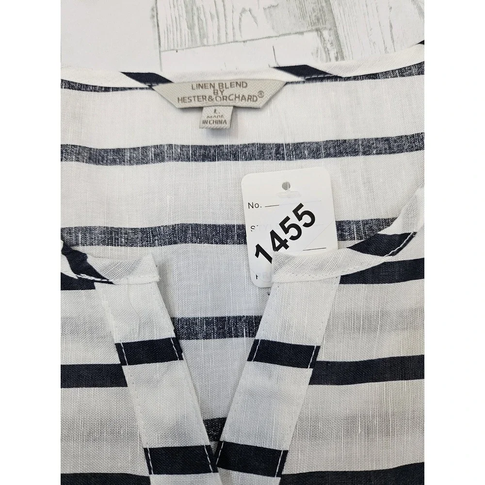 Hester & Orchard Linen Blend Top Striped Blue White Large 3/4 Sleeves - Picture 9 of 9